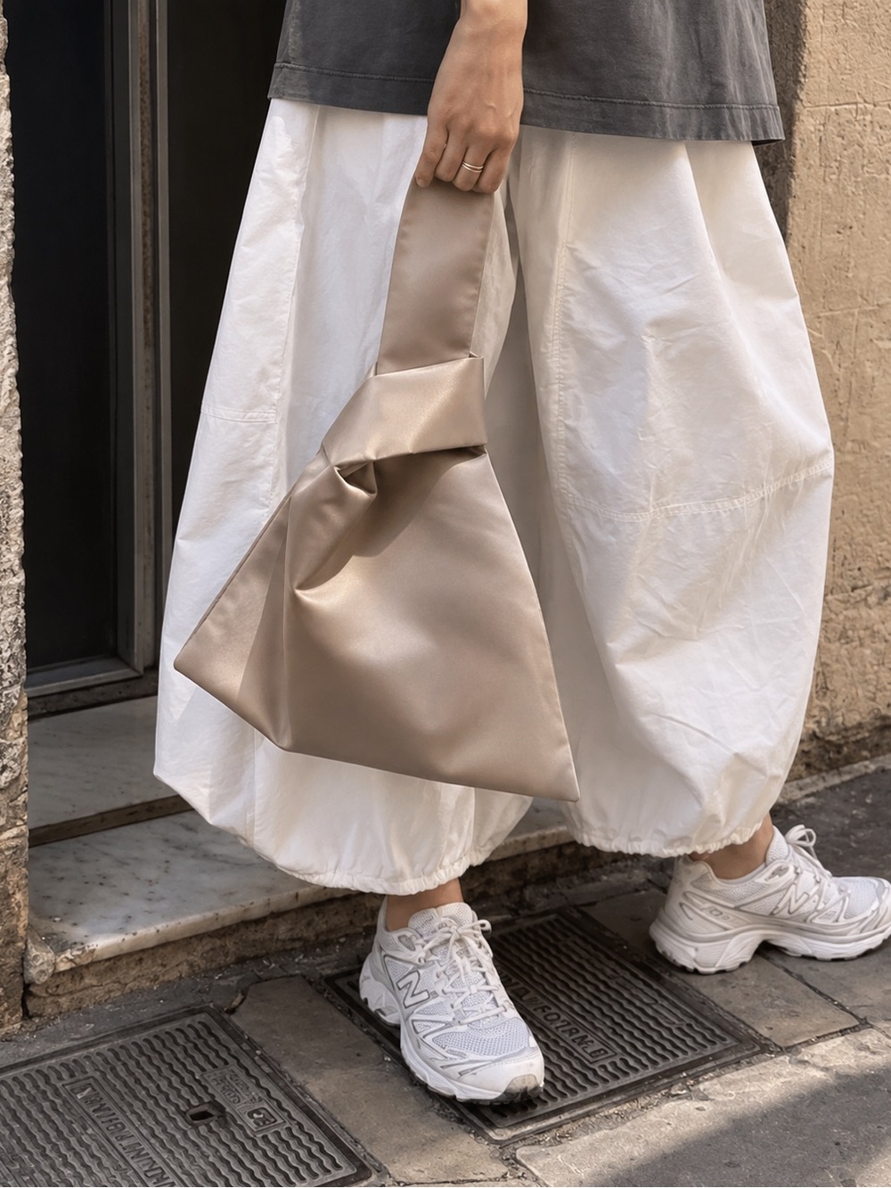 Satin Knot Handle Japanese Tote Bag in Champagne
